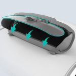 Self-cleaning cat litter box waste drawer with arrows showing easy pull-out disposal system for automatic litter management