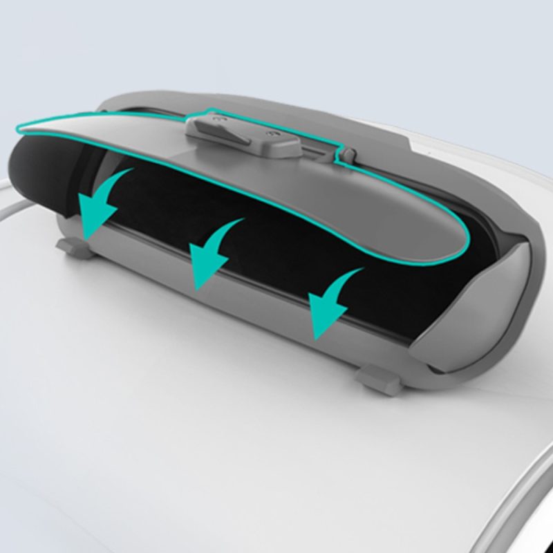 Self-cleaning cat litter box waste drawer with arrows showing easy pull-out disposal system for automatic litter management