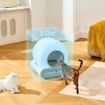 Self-cleaning cat litter box with 0.12m³ capacity showing sensor detection range for automatic cleaning with two cats nearby