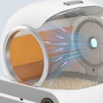 Inside view of intelligent self-cleaning cat litter box showing UV sterilization and odor removal system with rotating cleaning mechanism